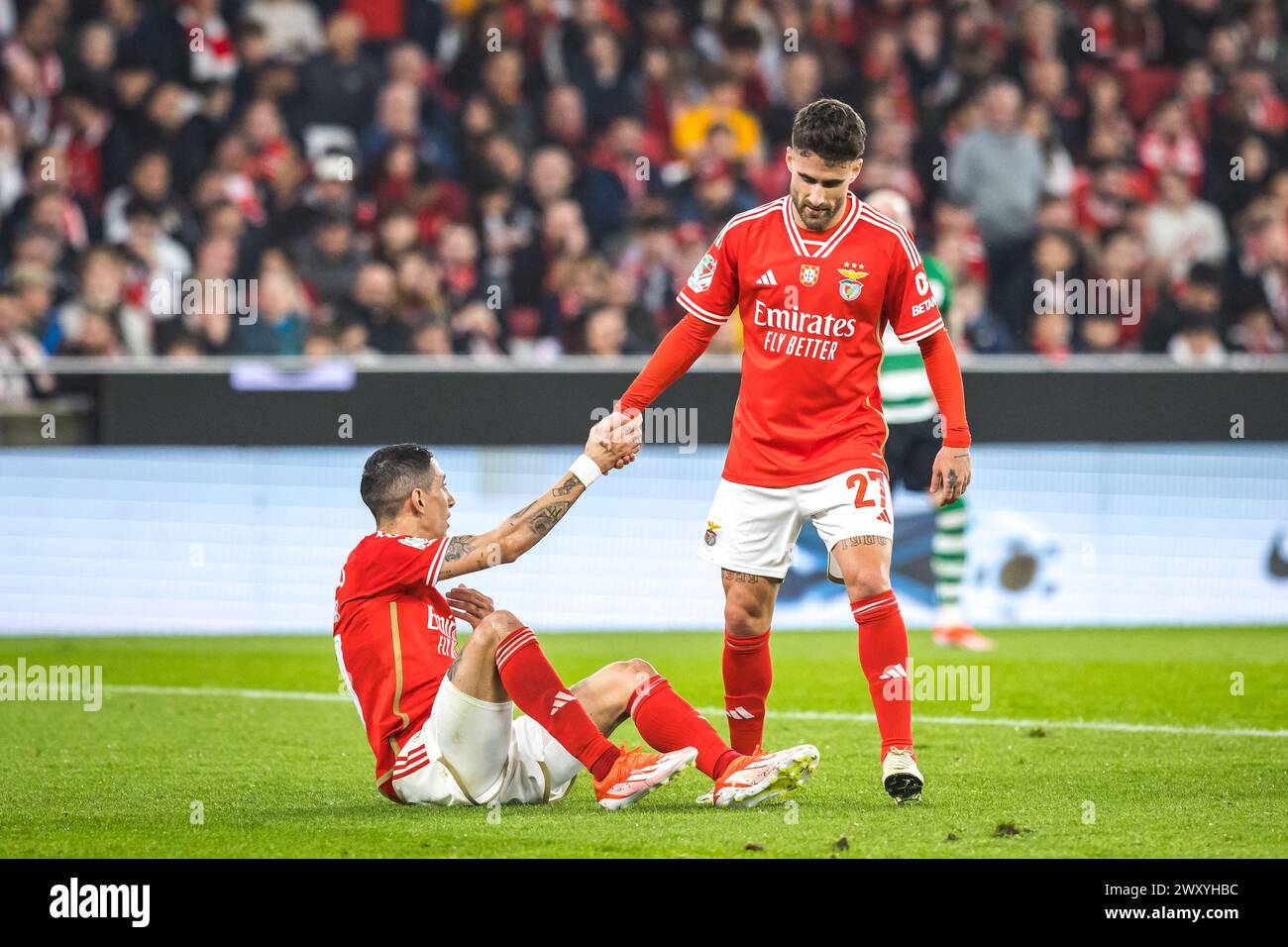 Lisbon, Portugal. 02nd Apr, 2024. Rafa Silva (R) and Angel Di Maria (L) of SL Benfica in action during the Portuguese Cup Semi Final 2nd Leg match between SL Benfica and Sporting CP at Estadio da Luz. (Final score: SL Benfica 2 - 2 Sporting CP) Credit: SOPA Images Limited/Alamy Live News Stock Photo
