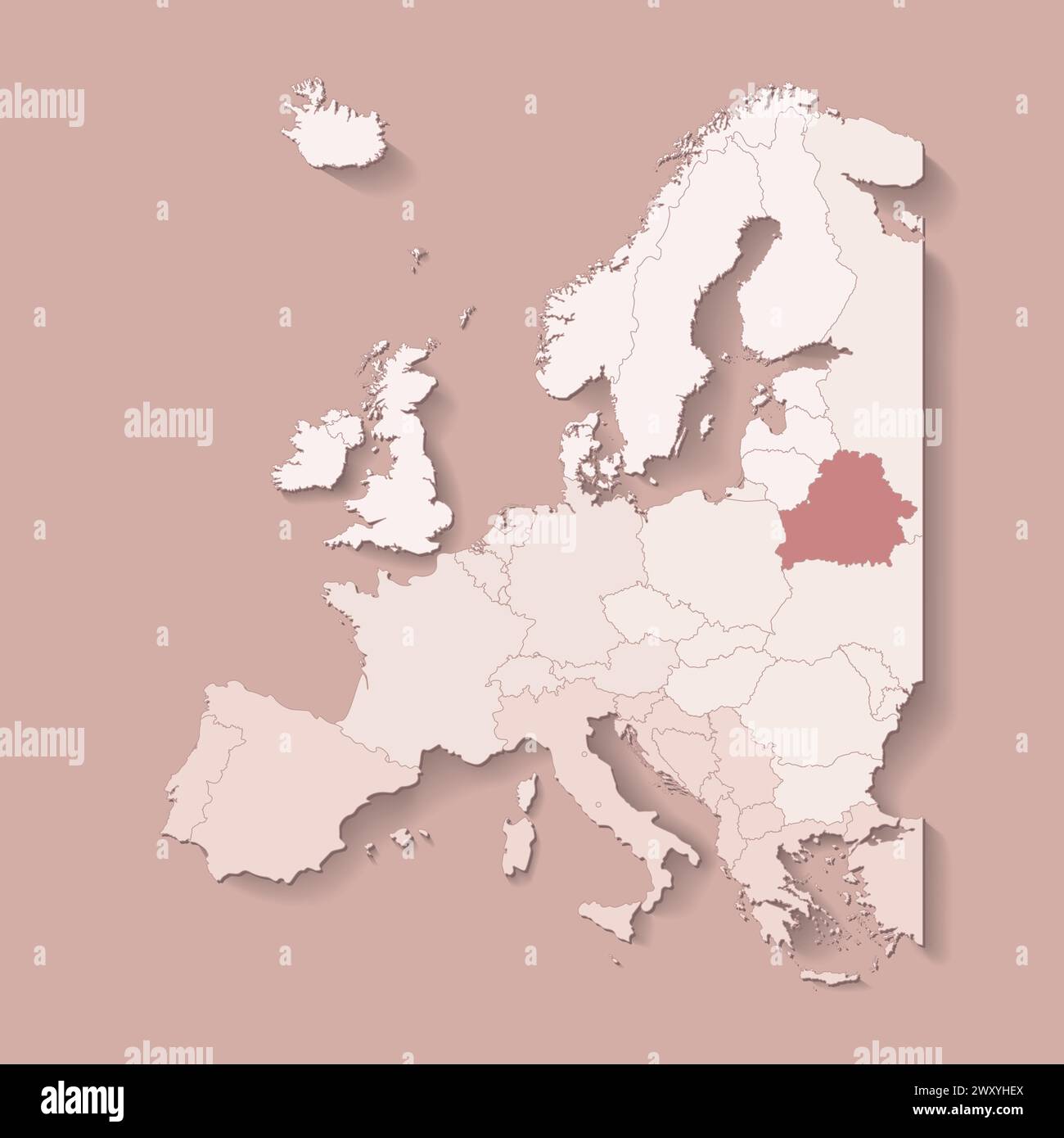 Vector illustration with european land with borders of states and marked country Belarus. Political map in brown colors with western, south and etc re Stock Vector