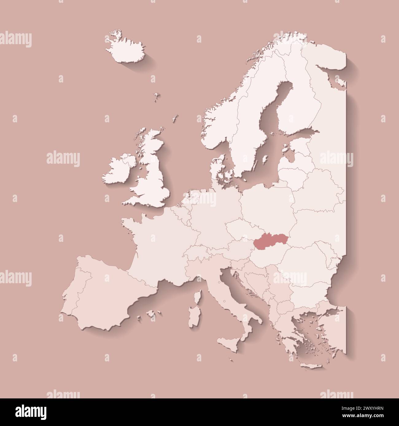 Vector illustration with european land with borders of states and marked country Slovakia. Political map in brown colors with western, south and etc r Stock Vector