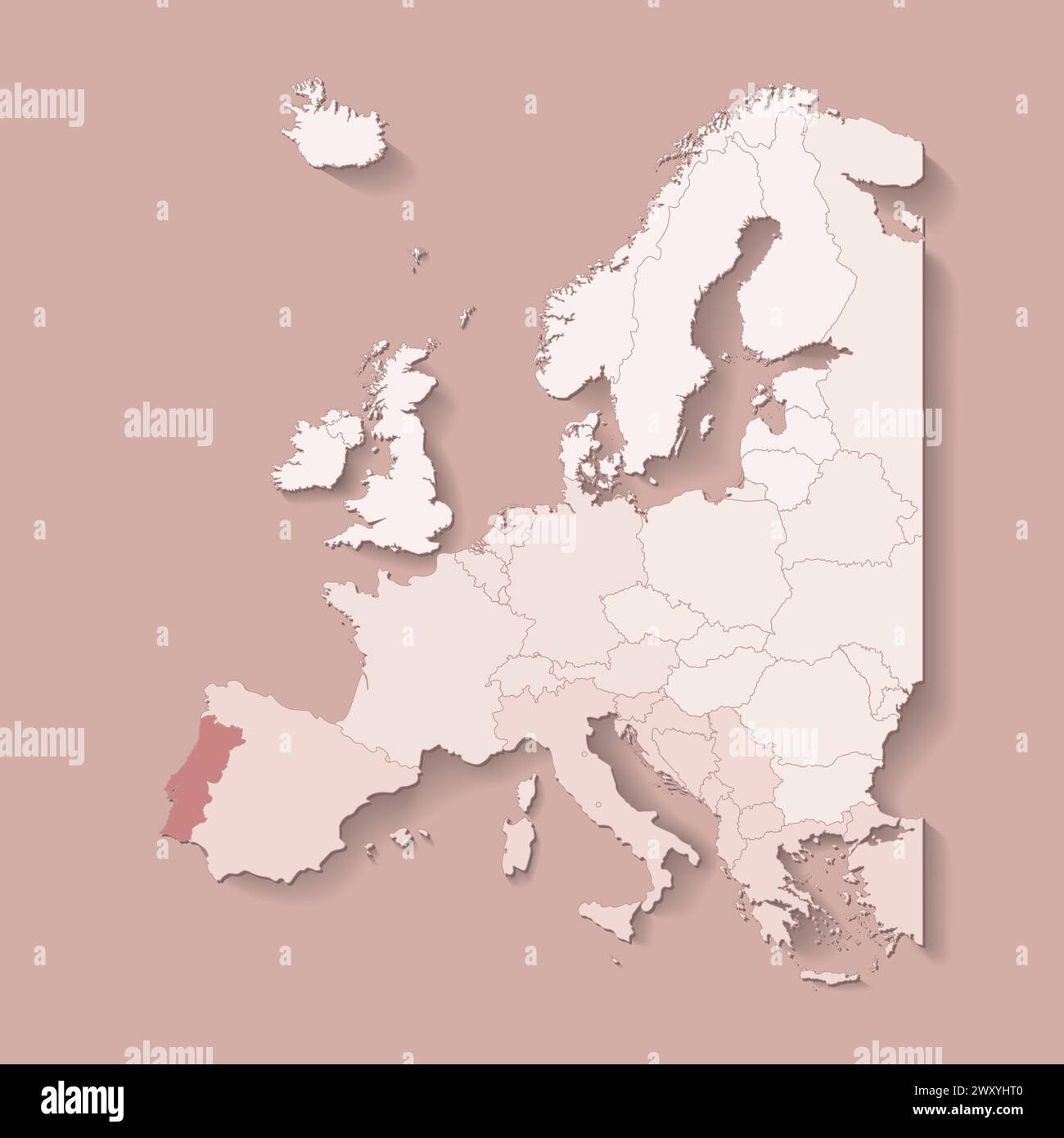 Vector illustration with european land with borders of states and marked country Portugal. Political map in brown colors with western, south and etc r Stock Vector