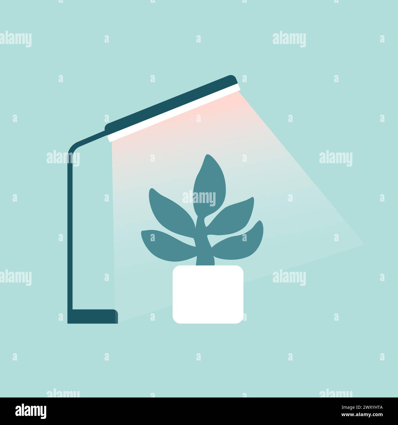 Vector illustration with icons of office phyto lamp and plant in pot. UV light eqipment to grow micro greens and plant at home. Fito bulb is farming t Stock Vector