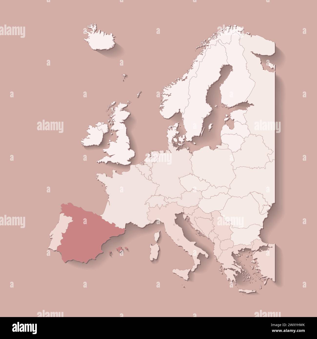 Vector illustration with european land with borders of states and marked country Spain. Political map in brown colors with western, south and etc regi Stock Vector