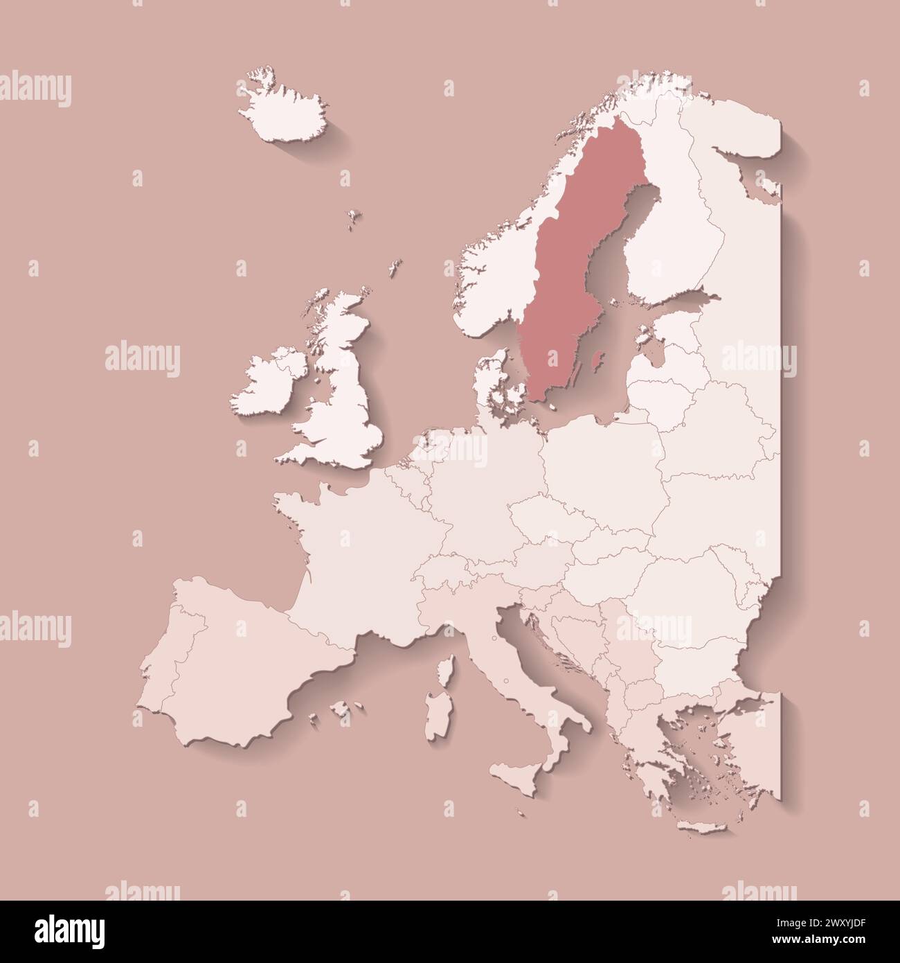 Vector illustration with european land with borders of states and marked country Sweden. Political map in brown colors with western, south and etc reg Stock Vector