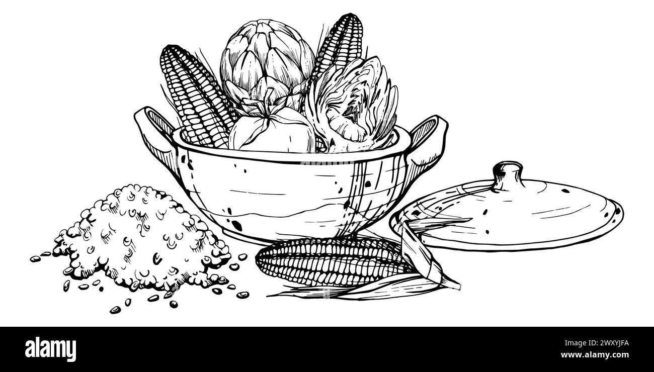 Hand drawn ink vector illustration, cooking pot ceramics vegetable stew maize corn quinoa, south american cuisine Composition isolated on white Stock Vector