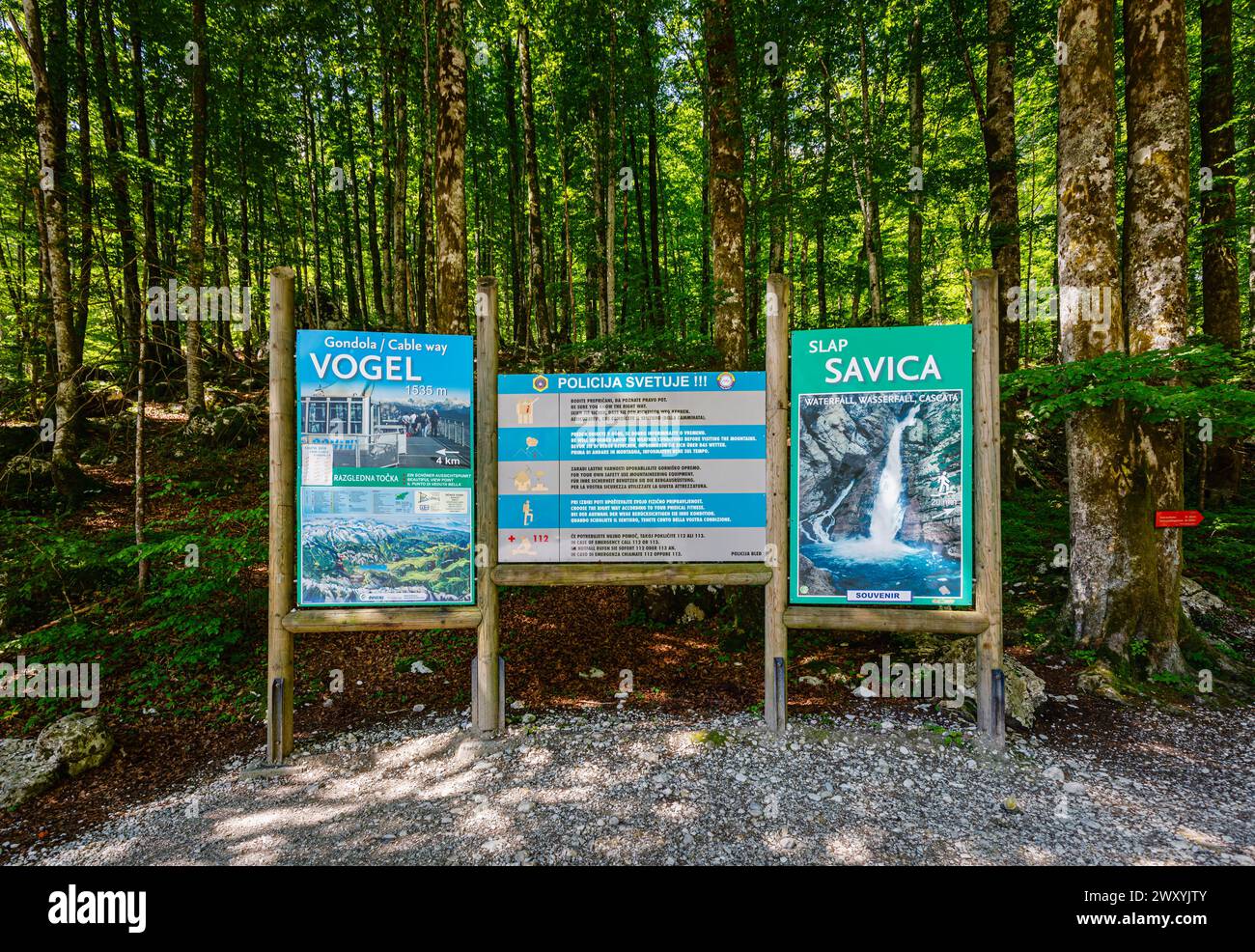 Sign at Slap Savica (Savica Falls) at Lake Boninj, a popular tourist attraction in north-west Slovenia, central & eastern Europe Stock Photo