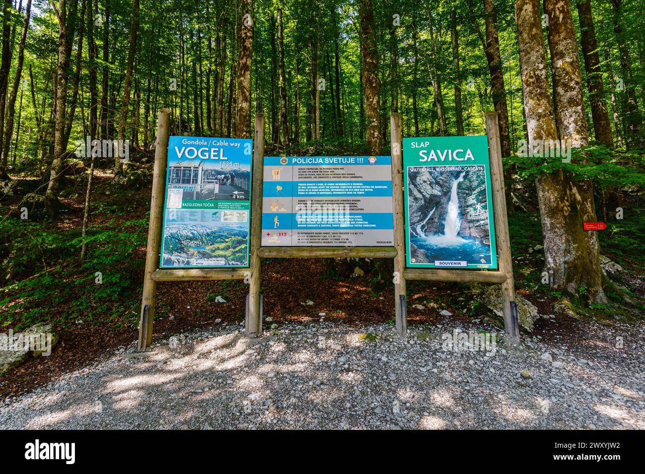 Sign at Slap Savica (Savica Falls) at Lake Boninj, a popular tourist attraction in north-west Slovenia, central & eastern Europe Stock Photo