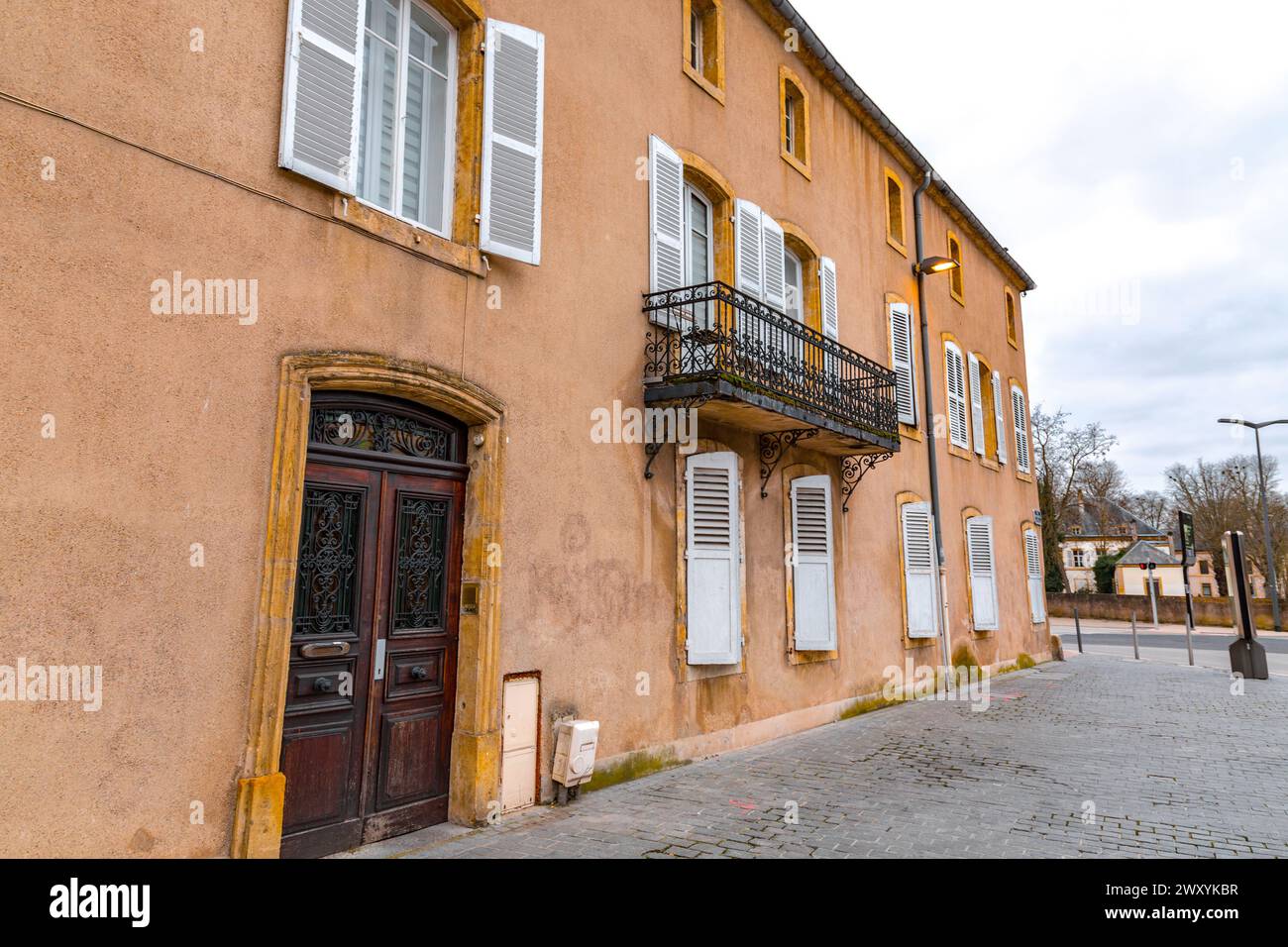 Street view and typical french buildings in the city of Metz, France. Stock Photo