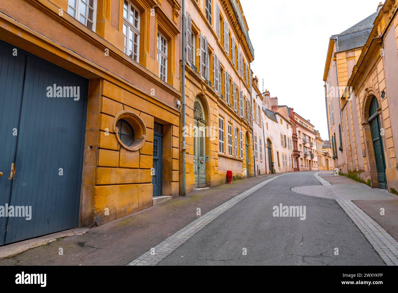 Street view and typical french buildings in the city of Metz, France. Stock Photo