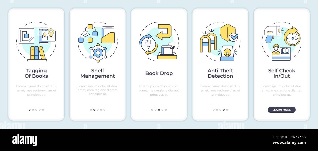 RFID book manage onboarding mobile app screen Stock Vector