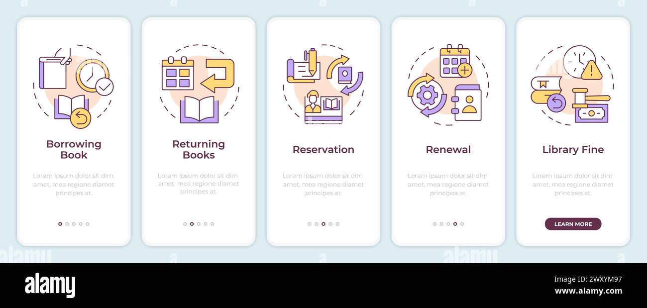 Book circulation types onboarding mobile app screen Stock Vector