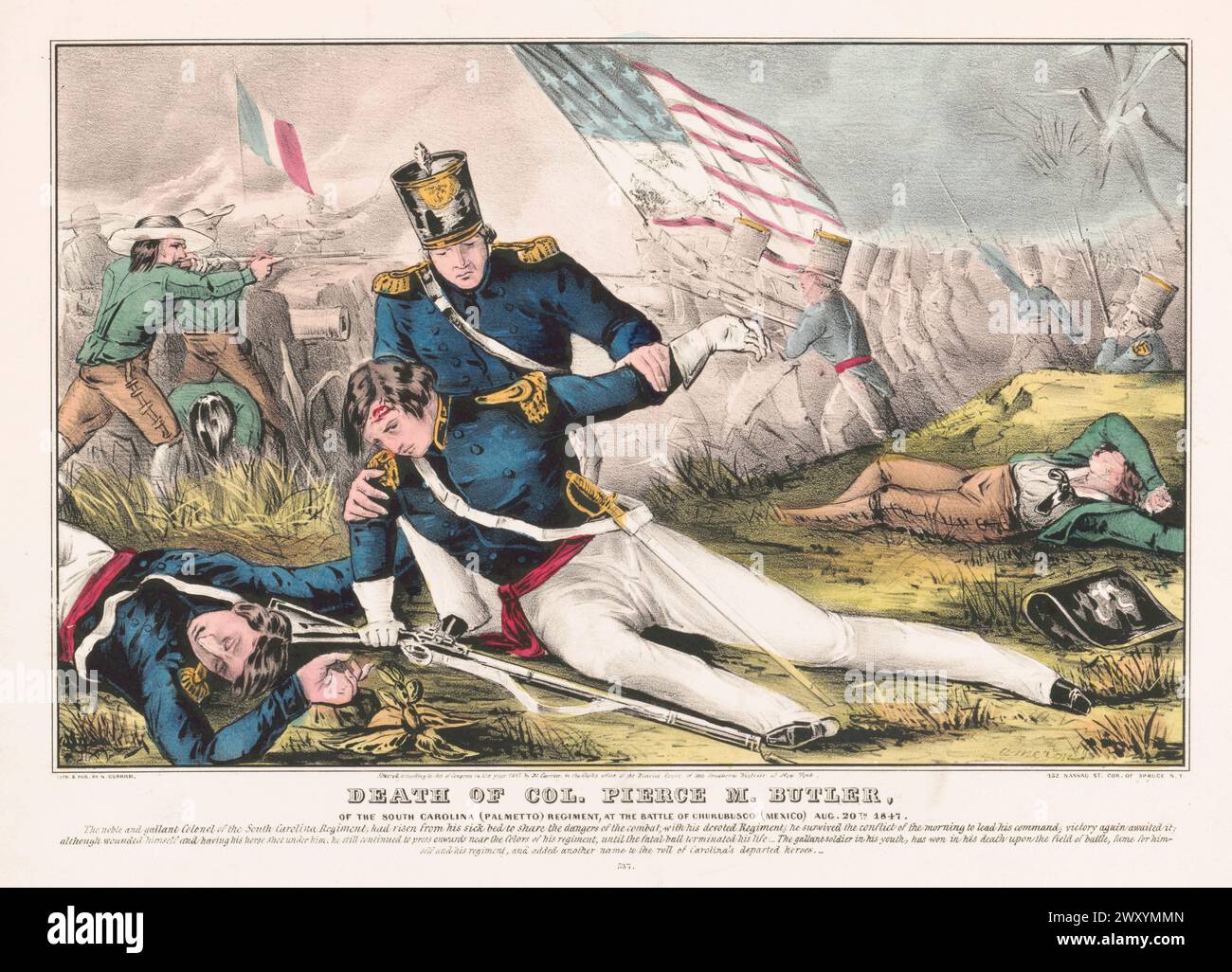 Death of Col. Pierce M. Butler Of the South Carolina (Palmetto) regiment, at The Battle of Churubusco took place on August 20, 1847, while Santa Anna's army was in retreat from the Battle of Contreras or Battle of Padierna during the Mexican–American War. It was the battle where the San Patricio Battalion, made up largely of US deserters, made their last stand against U.S. forces. The U.S. Army was victorious, outnumbering more than six-to-one the defending Mexican troops. After the battle, the U.S. Army was only 5 miles (8 km) away from Mexico City. 50 Saint Patrick's Battalion members were o Stock Photo