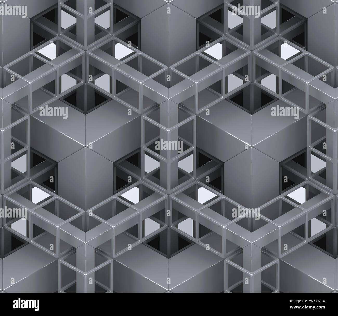 3D Wallpaper depicting a chain of geometric elements made of gray glossy metal with different different designs of chain. High quality seamless realis Stock Photo
