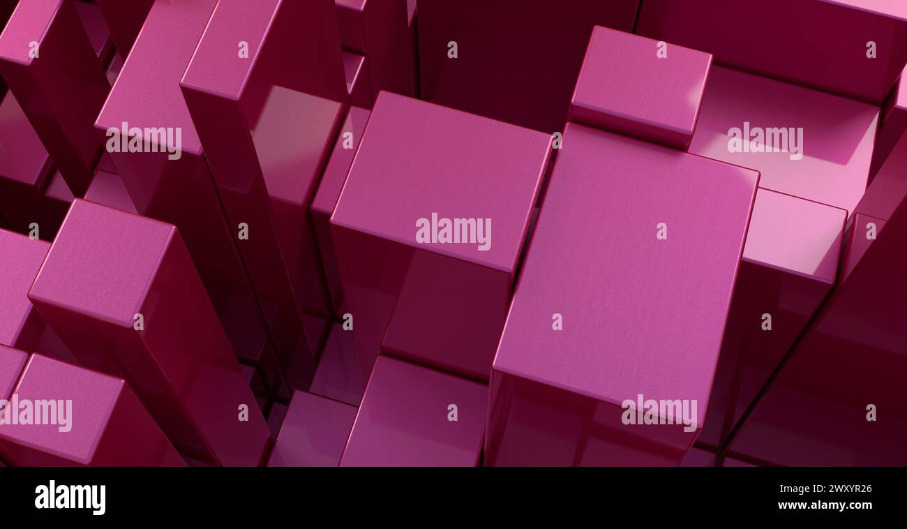 An array of glossy pink cubes arranged in a grid pattern with varying elevations creating a geometric, 3D effect Stock Photo