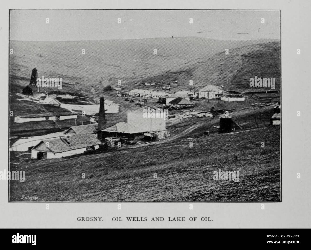 GROSNY. OIL WELLS AND LAKE OF OIL. from the Article THE BAKU PETROLEUM DISTRICT OF RUSSIA. By David A. Louis. from The Engineering Magazine Devoted to Industrial Progress Volume XV 1898 The Engineering Magazine Co Stock Photo