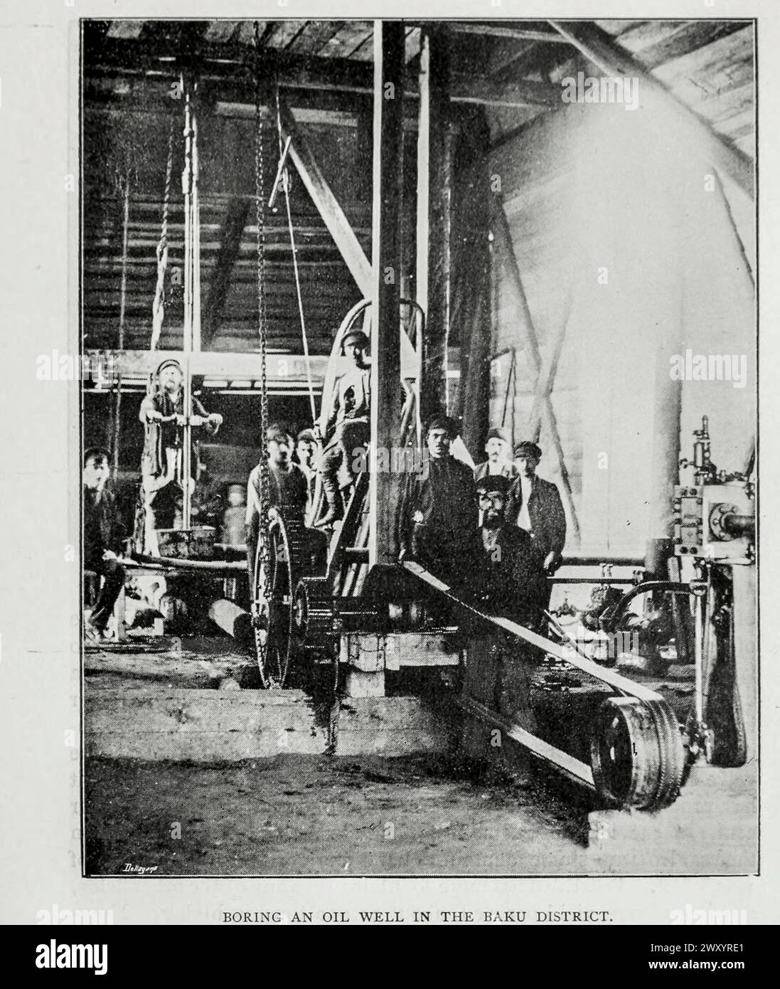 BORING AN OIL WELL IN THE BAKU DISTRICT. from the Article THE BAKU PETROLEUM DISTRICT OF RUSSIA. By David A. Louis. from The Engineering Magazine Devoted to Industrial Progress Volume XV 1898 The Engineering Magazine Co Stock Photo