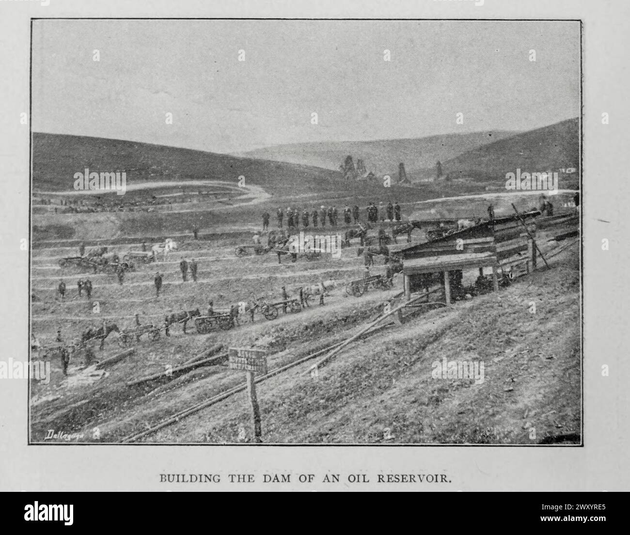 BUILDING THE DAM OF AN OIL RESERVOIR from the Article THE BAKU PETROLEUM DISTRICT OF RUSSIA. By David A. Louis. from The Engineering Magazine Devoted to Industrial Progress Volume XV 1898 The Engineering Magazine Co Stock Photo