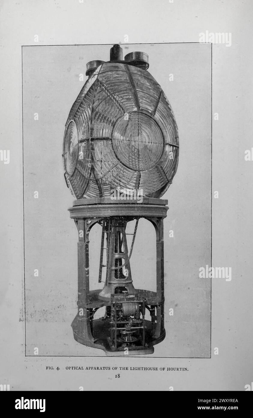OPTICAL APPARATUS OF THE LIGHTHOUSE OF HOURTIN, GIRONDE. from the Article THE LATEST IMPROVEMENTS IN THE FRENCH LIGHTHOUSE SYSTEM. By Jacques Boyer. from The Engineering Magazine Devoted to Industrial Progress Volume XVI October 1898 - March 1899 The Engineering Magazine Co Stock Photo