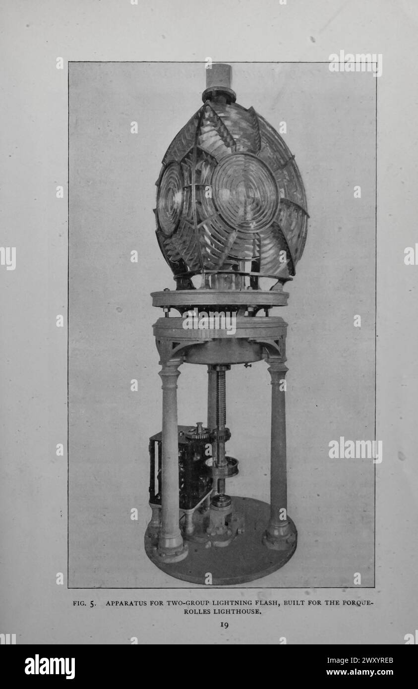 APPARATUS FOR TWO-GROUP LIGHTNING FLASH, BUILT FOR THE PORQUE-ROLLES LIGHTHOUSE. from the Article THE LATEST IMPROVEMENTS IN THE FRENCH LIGHTHOUSE SYSTEM. By Jacques Boyer. from The Engineering Magazine Devoted to Industrial Progress Volume XVI October 1898 - March 1899 The Engineering Magazine Co Porquerolles also known as the Île de Porquerolles, is an island in the Îles d'Hyères, Var, Provence-Alpes-Côte d'Azur, France. Stock Photo