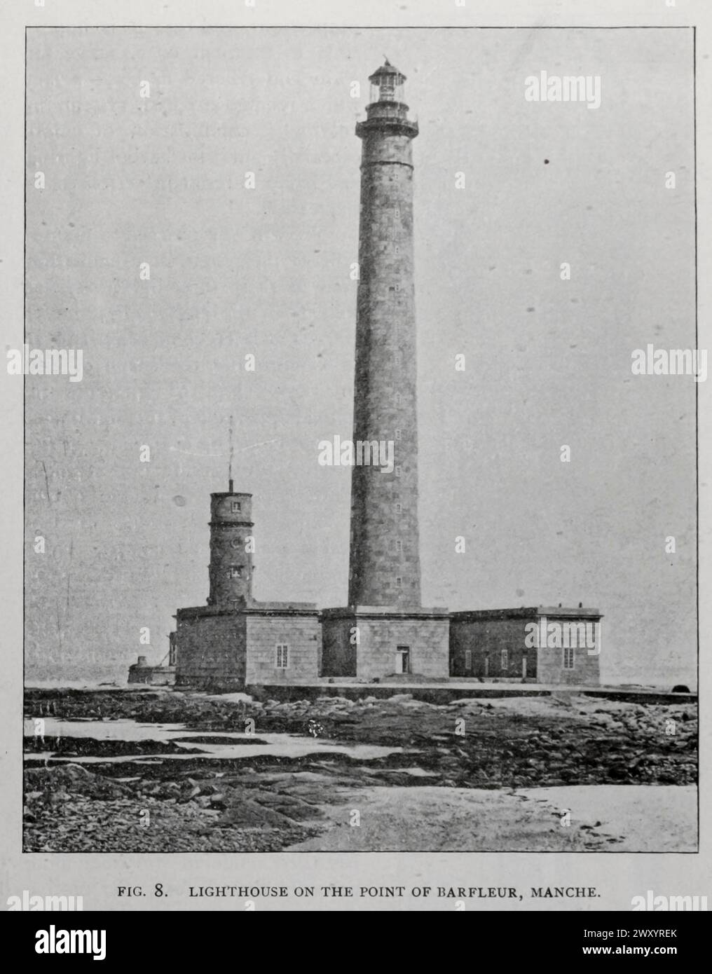 LIGHTHOUSE ON THE POINT OF BARFLEUR, MANCHE. from the Article THE LATEST IMPROVEMENTS IN THE FRENCH LIGHTHOUSE SYSTEM. By Jacques Boyer. from The Engineering Magazine Devoted to Industrial Progress Volume XVI October 1898 - March 1899 The Engineering Magazine Co Stock Photo