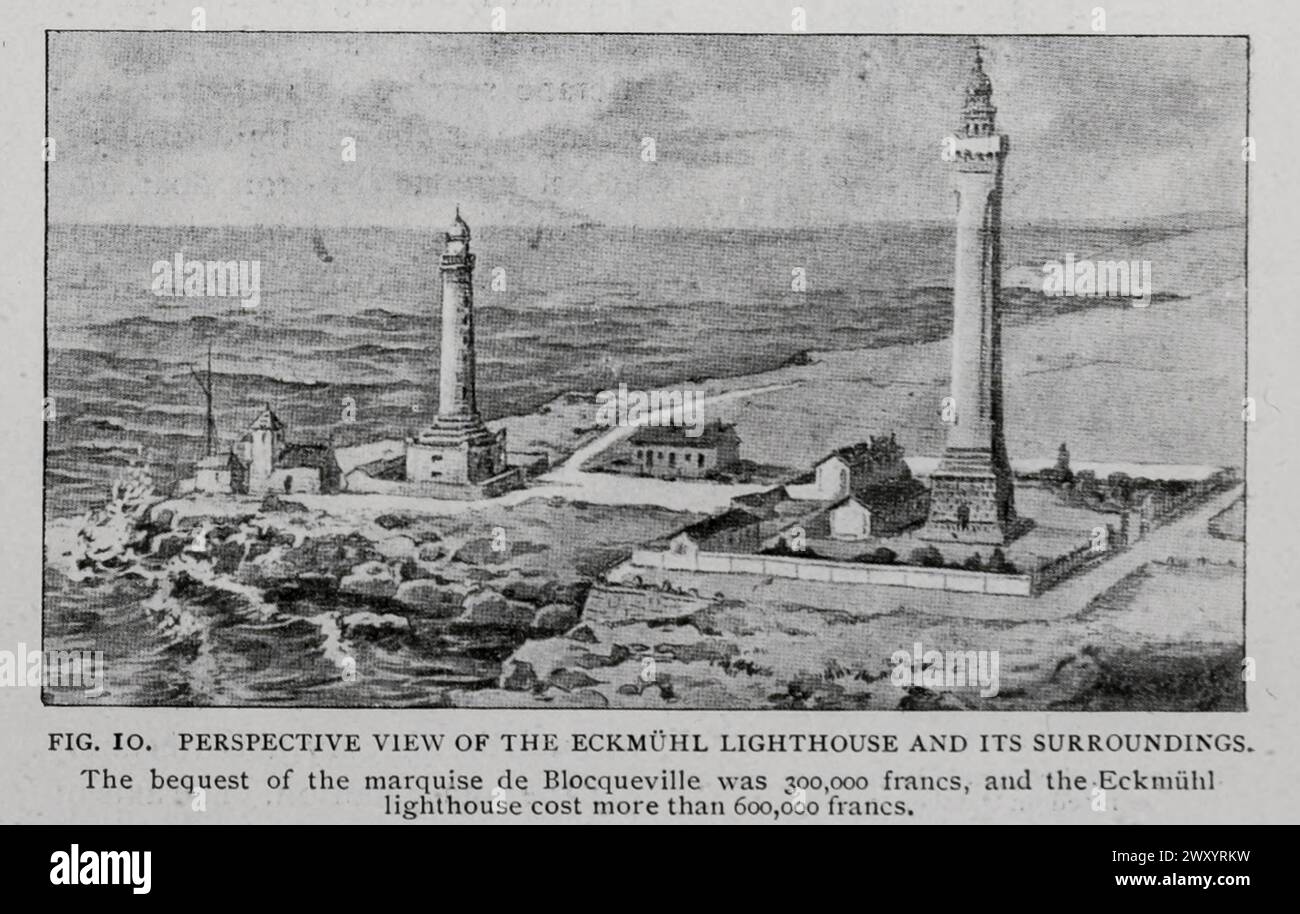 PERSPECTIVE VIEW OF THE ECKMUHL LIGHTHOUSE AND ITS SURROUNDINGS. The bequest of the marquise de Blocqueville was 300,000 francs, and the Eckmuhl lighthouse cost more than 600,000 francs. from the Article THE LATEST IMPROVEMENTS IN THE FRENCH LIGHTHOUSE SYSTEM. By Jacques Boyer. from The Engineering Magazine Devoted to Industrial Progress Volume XVI October 1898 - March 1899 The Engineering Magazine Co Stock Photo