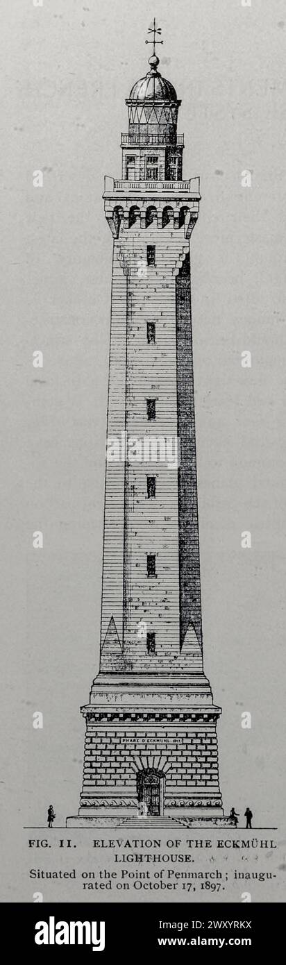 ELEVATION OF THE ECKMUHL LIGHTHOUSE. Situated on the Point of Penmarch ; inaugurated on October 17, 1897. from the Article THE LATEST IMPROVEMENTS IN THE FRENCH LIGHTHOUSE SYSTEM. By Jacques Boyer. from The Engineering Magazine Devoted to Industrial Progress Volume XVI October 1898 - March 1899 The Engineering Magazine Co Stock Photo