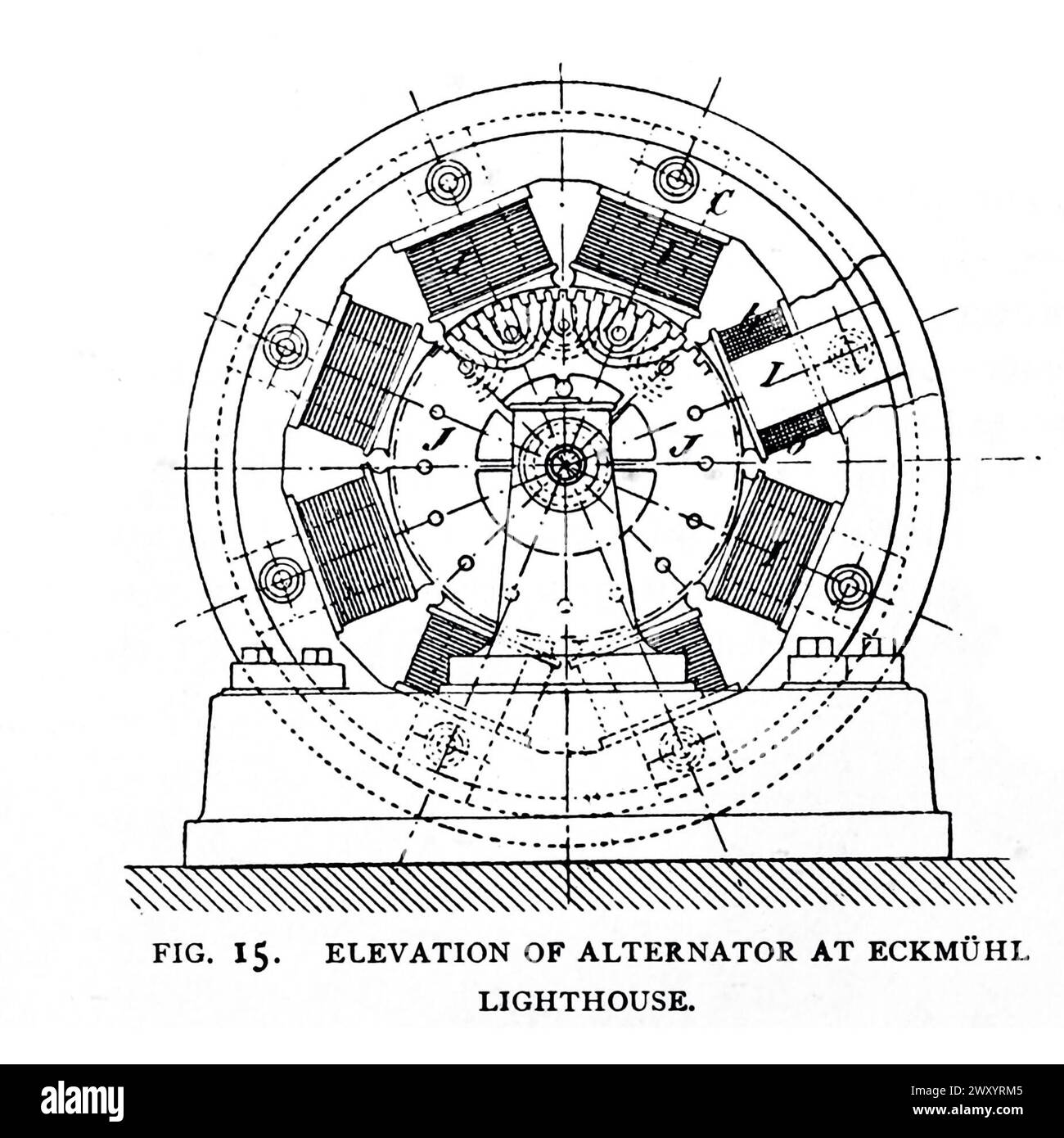 ELEVATION OF ALTERNATOR AT THE ECKMUHL LIGHTHOUSE. from the Article THE LATEST IMPROVEMENTS IN THE FRENCH LIGHTHOUSE SYSTEM. By Jacques Boyer. from The Engineering Magazine Devoted to Industrial Progress Volume XVI October 1898 - March 1899 The Engineering Magazine Co Stock Photo