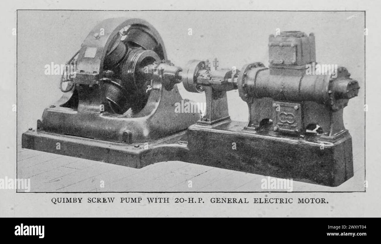 QUIMBY SCREW PUMP WITH 20-H.P. GENERAL ELECTRIC MOTOR. from the Article THE APPLICATION OF ELECTRIC POWER TO PUMPING MACHINERY. By S. H. Bunnell from The Engineering Magazine Devoted to Industrial Progress Volume XVI October 1898 - March 1899 The Engineering Magazine Co Stock Photo