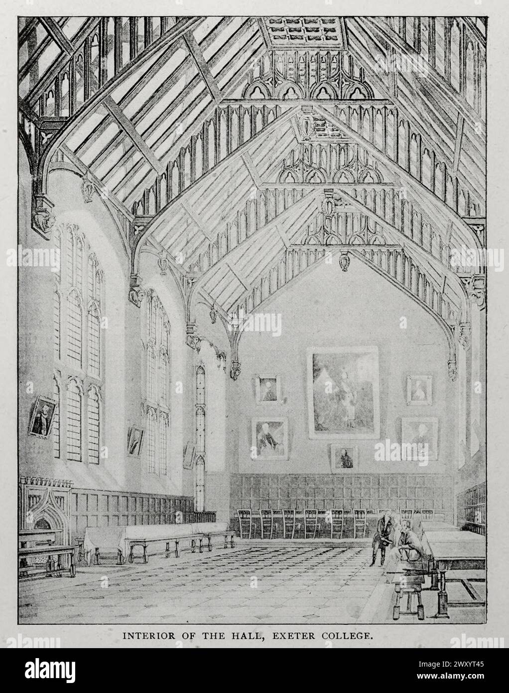 Interior of THE HALL OF EXETER COLLEGE. from the Article THE BUILDINGS OF OXFORD, FROM AN ENGINEER'S POINT OF VIEW. By J. W. Parry.  from The Engineering Magazine Devoted to Industrial Progress Volume XVI October 1898 - March 1899 The Engineering Magazine Co Stock Photo