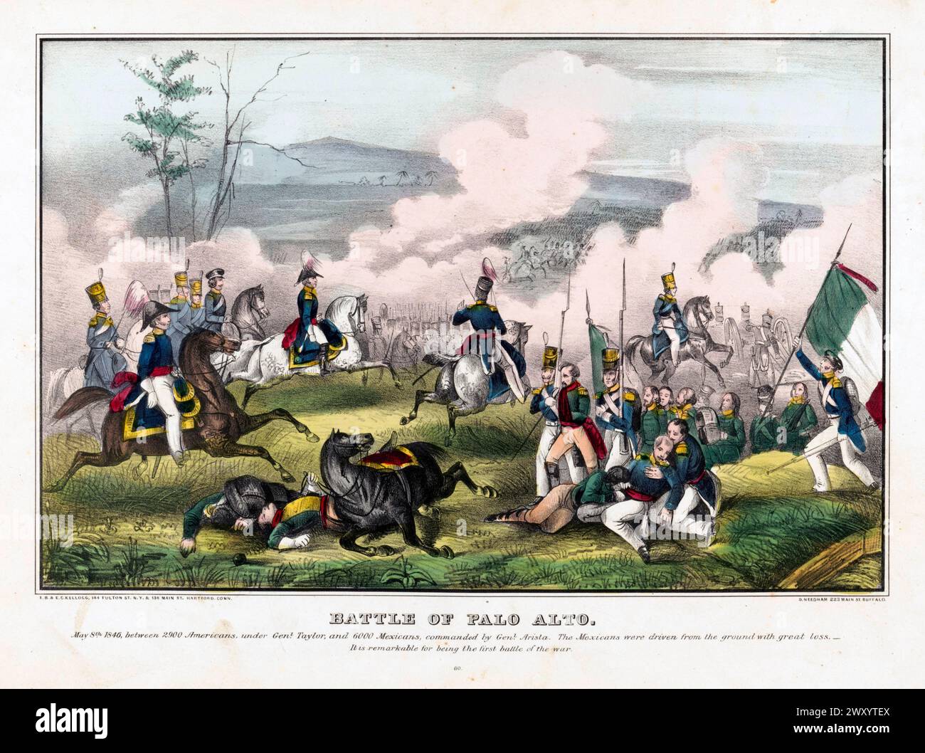 The Battle of Palo Alto was the first major battle of the Mexican–American War and was fought on May 8, 1846, on disputed ground five miles (8 km) from the modern-day city of Brownsville, Texas. A force of some 3,700 Mexican troops – most of the Army of The North – led by General Mariano Arista engaged a force of approximately 2,300 United States troops – the Army of Occupation led by General Zachary Taylor. Stock Photo