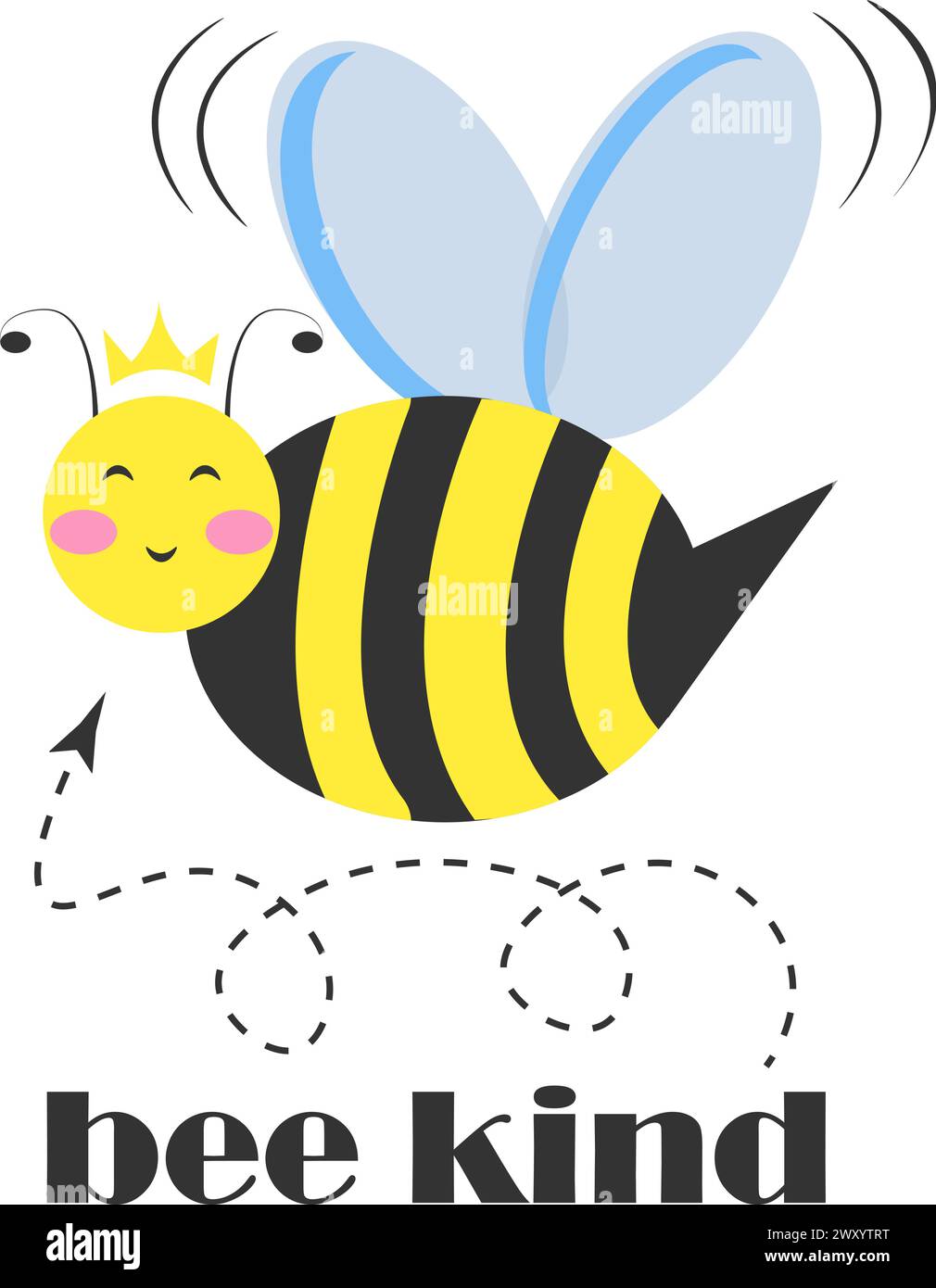 Flat illustration bee princess character with coronet and typography Bee Kind isolated on transparent background Stock Vector