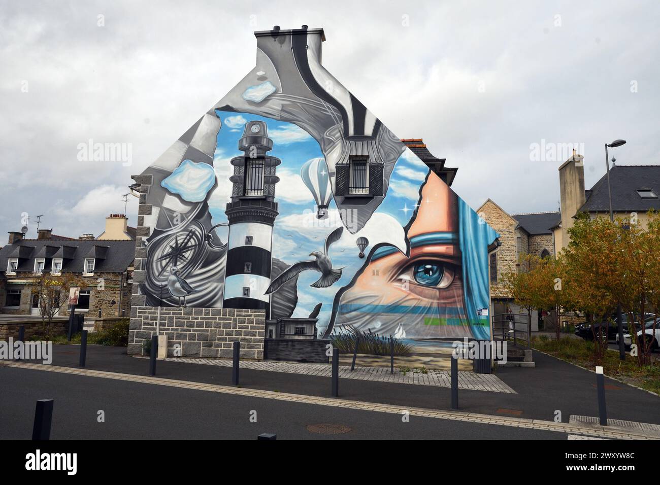 artistic mural on a house wall, street art, France, Brittany, Yffiniac Stock Photo