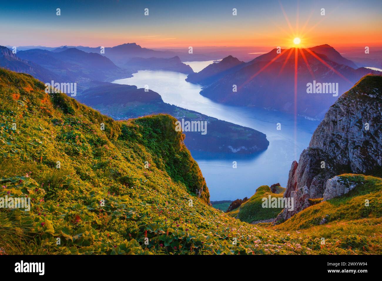 view of Lake Lucerne from the Fronalpstock at sunset, Switzerland Stock Photo