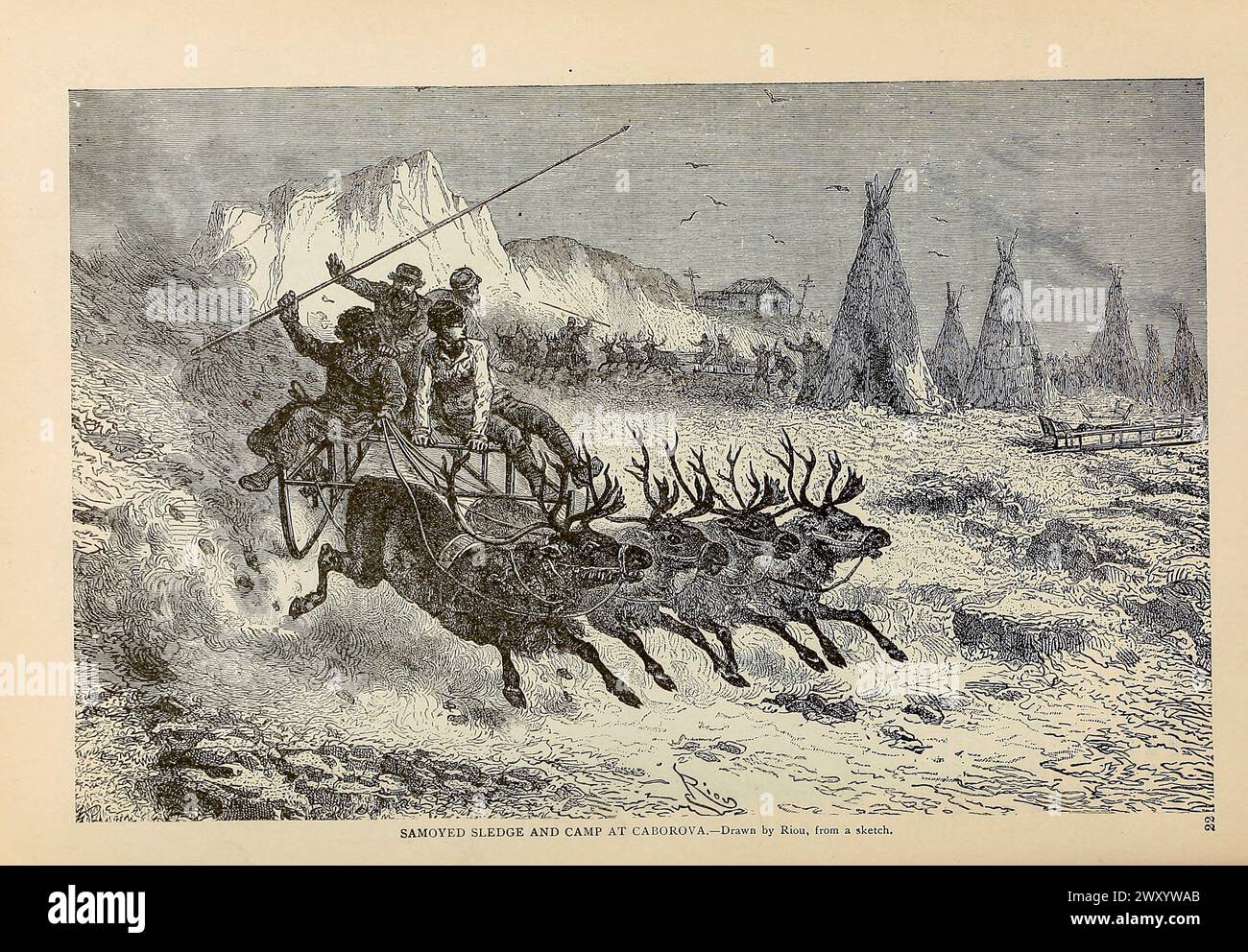 Samoyed sledge and camp at Caborova from Cyclopedia universal history : embracing the most complete and recent presentation of the subject in two principal parts or divisions of more than six thousand pages by John Clark Ridpath, 1840-1900 Publication date 1895 Publisher Boston : Balch Bros. Volume 7 History of Man Stock Photo