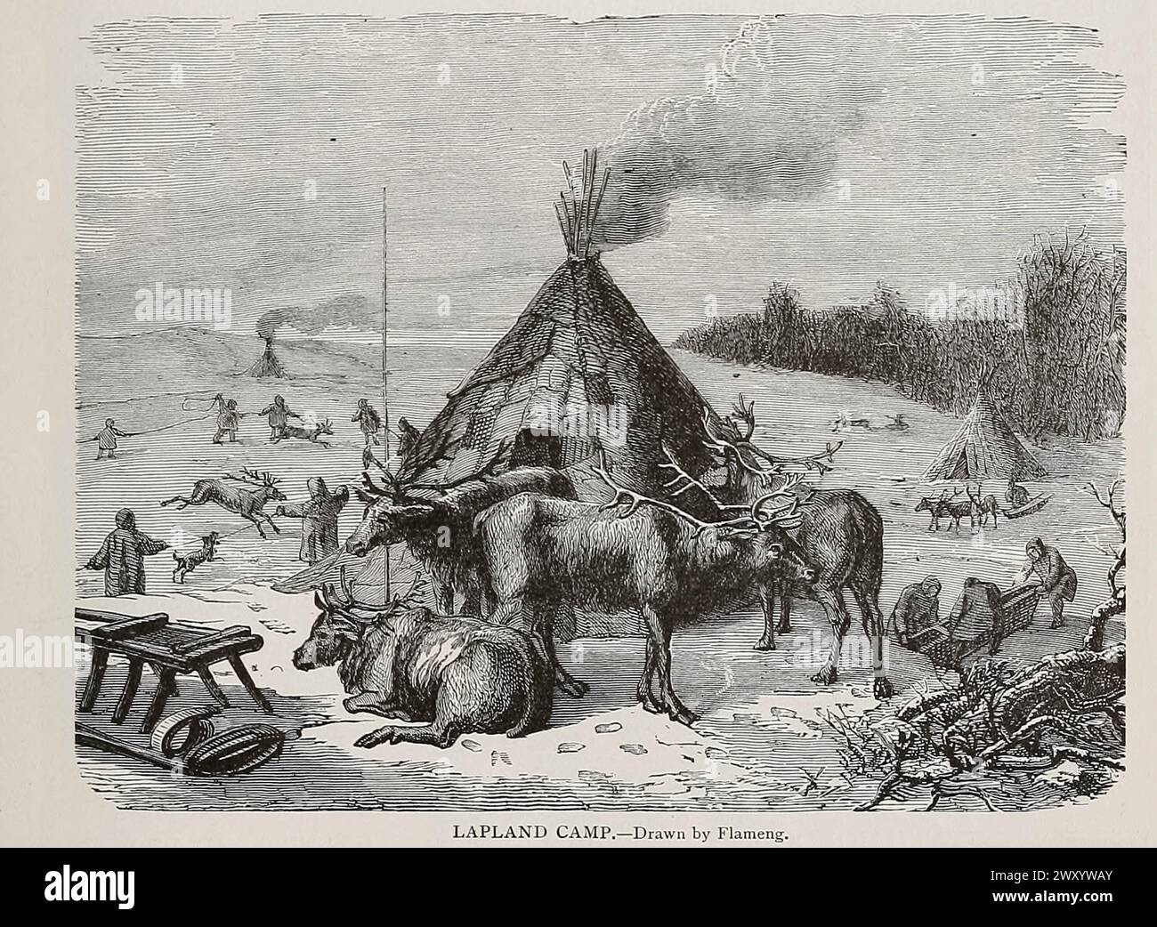 Lapland Camp from Cyclopedia universal history : embracing the most complete and recent presentation of the subject in two principal parts or divisions of more than six thousand pages by John Clark Ridpath, 1840-1900 Publication date 1895 Publisher Boston : Balch Bros. Volume 7 History of Man Stock Photo