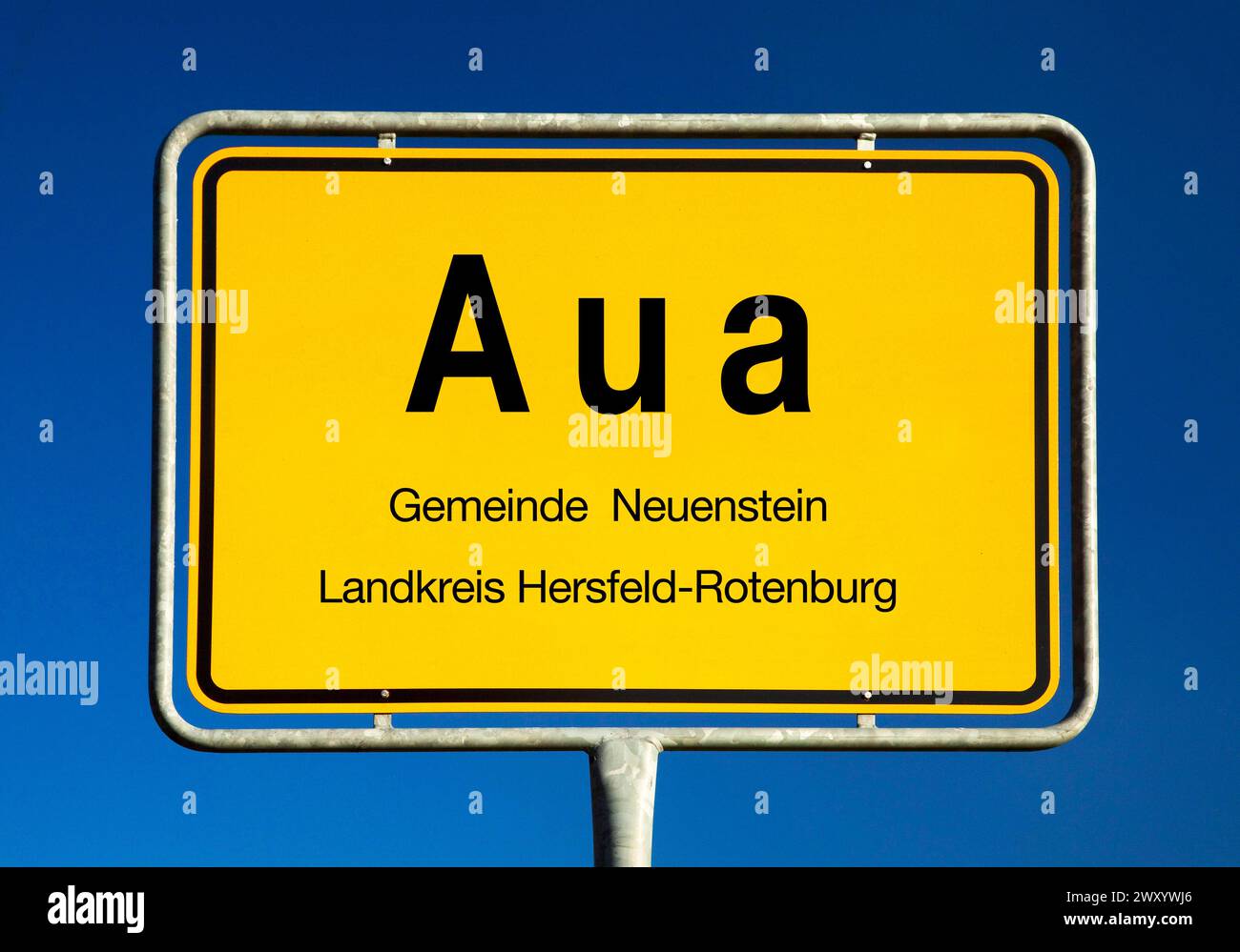 Aua town sign, Germany, Hesse, Landkreis Hersfeld-Rotenburg, Neuenstein Stock Photo
