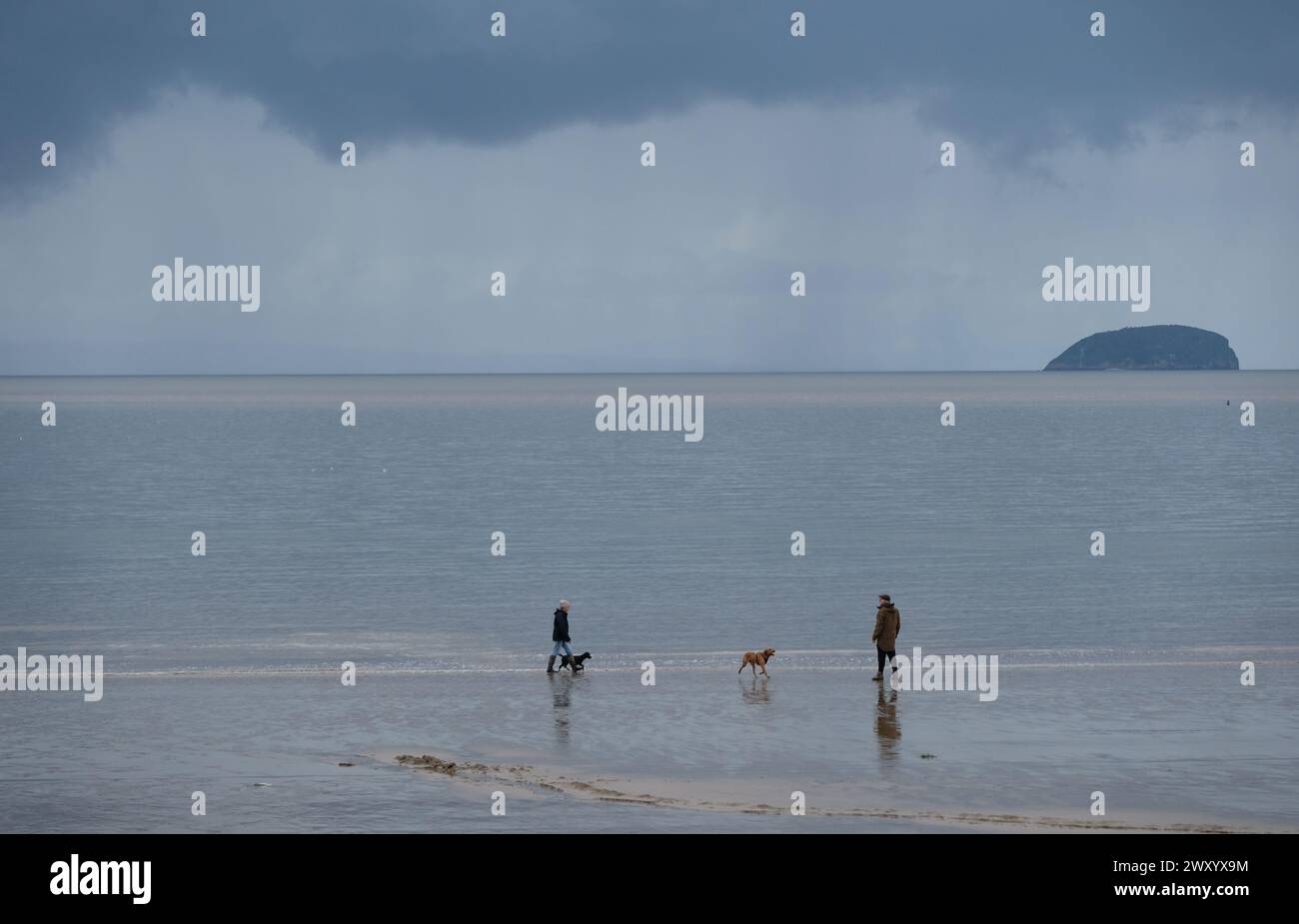 People walking on a cold, wet, windy, rainy beach. Stock Photo