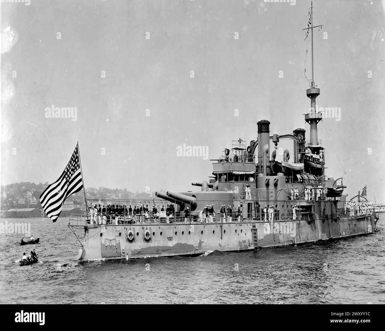 USS Oregon (BB-3) was the third and final member of the Indiana class of pre-dreadnought battleships built for the United States Navy in the 1890s. The Battle of Santiago de Cuba July 3, 1898 Stock Photo