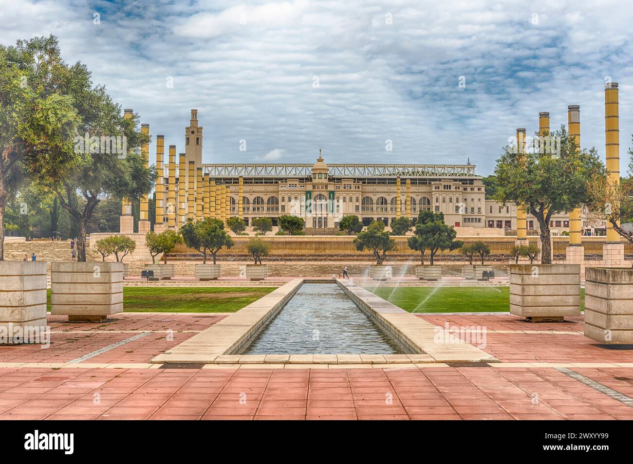 BARCELONA - AUGUST 11: The scenic and essential architecture of the Olympic Park on Montjuic hill, Barcelona, Catalonia, Spain, on August 11, 2017 Stock Photo