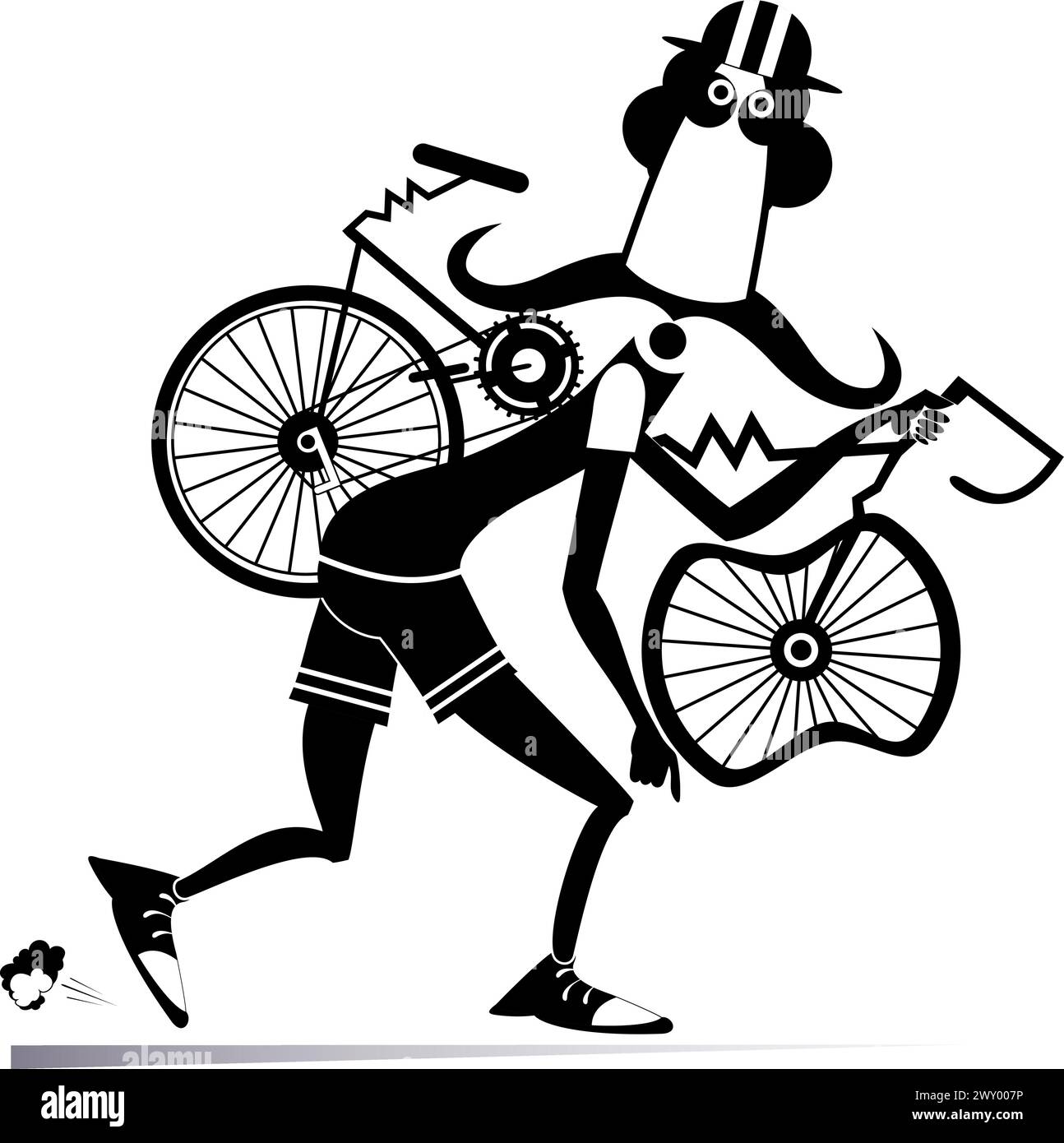 Cartoon cyclist man carrying a broken bike on the shoulder. Black and ...