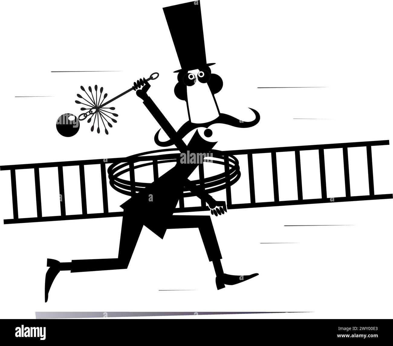 Funny running chimney sweeper in the top hat with a rope, chimney brush and ladder. Black and white illustration Stock Vector