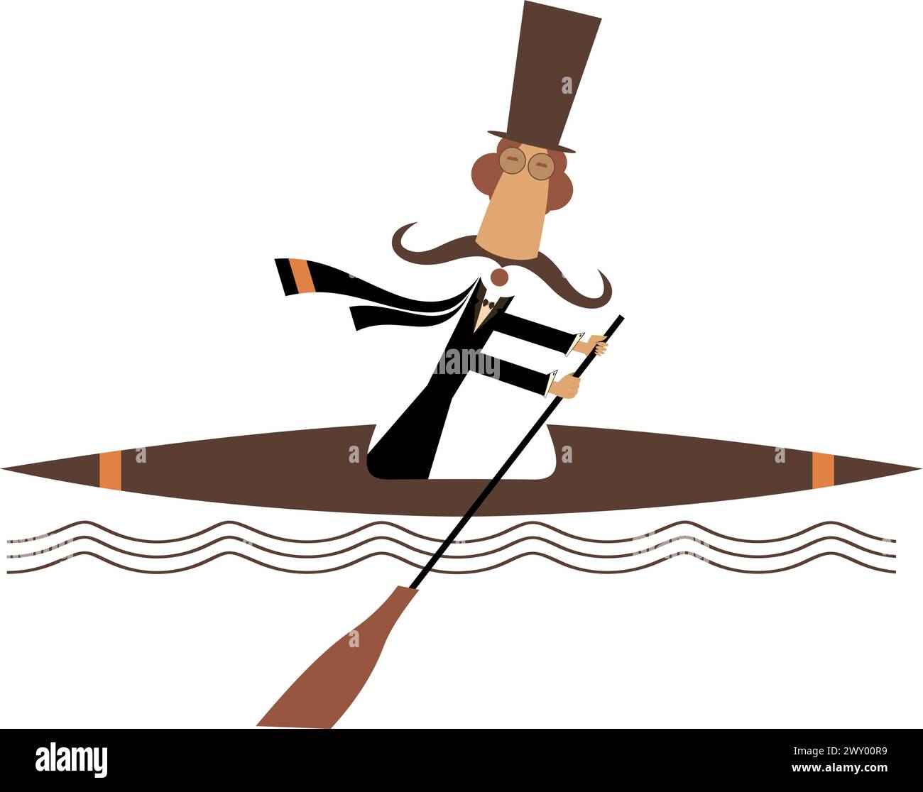 Boating man in the top hat. Cartoon long mustache man in the top hat