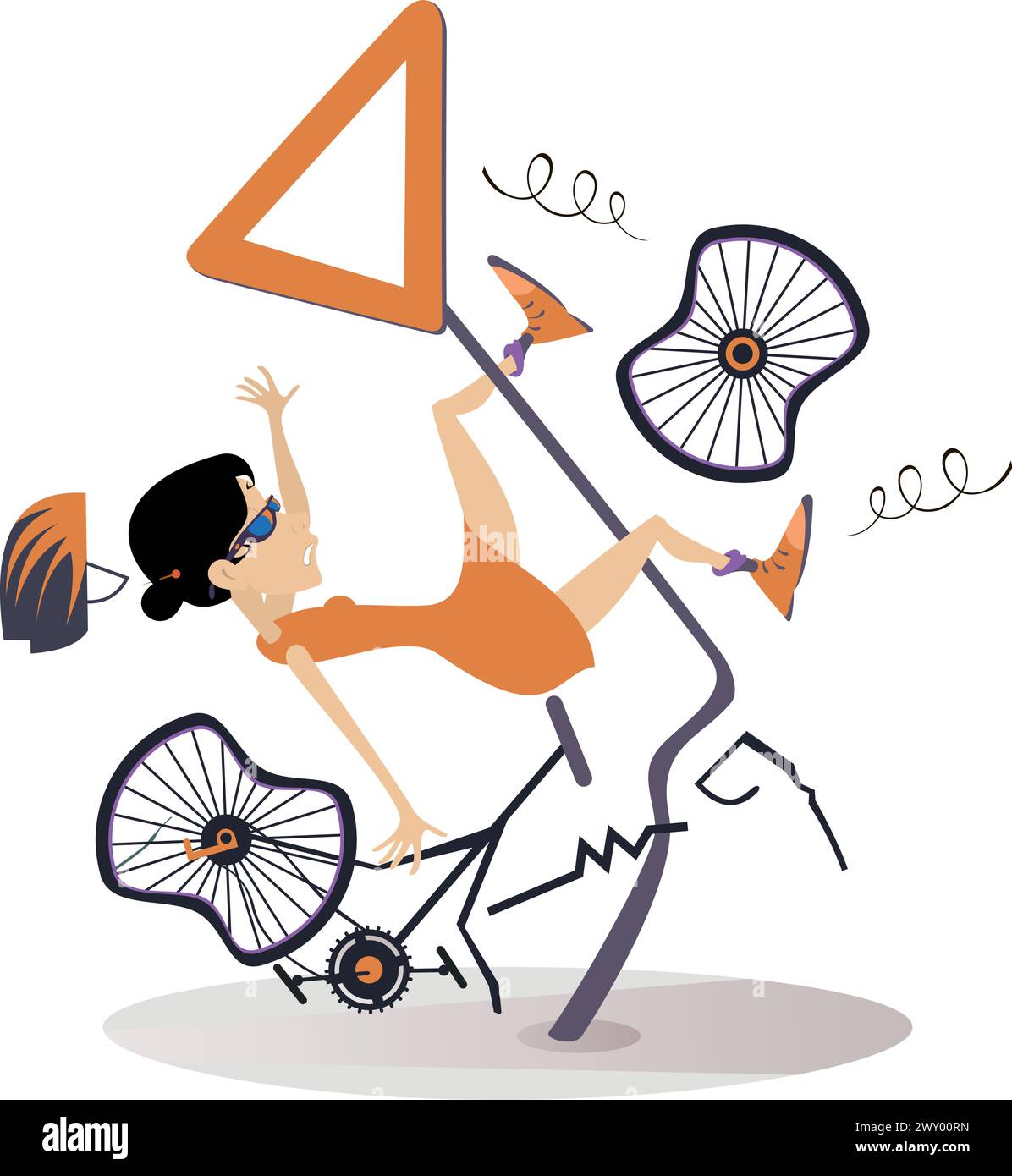 Bicycle accident. Crash. Traffic accident. Cyclist woman smashed into a