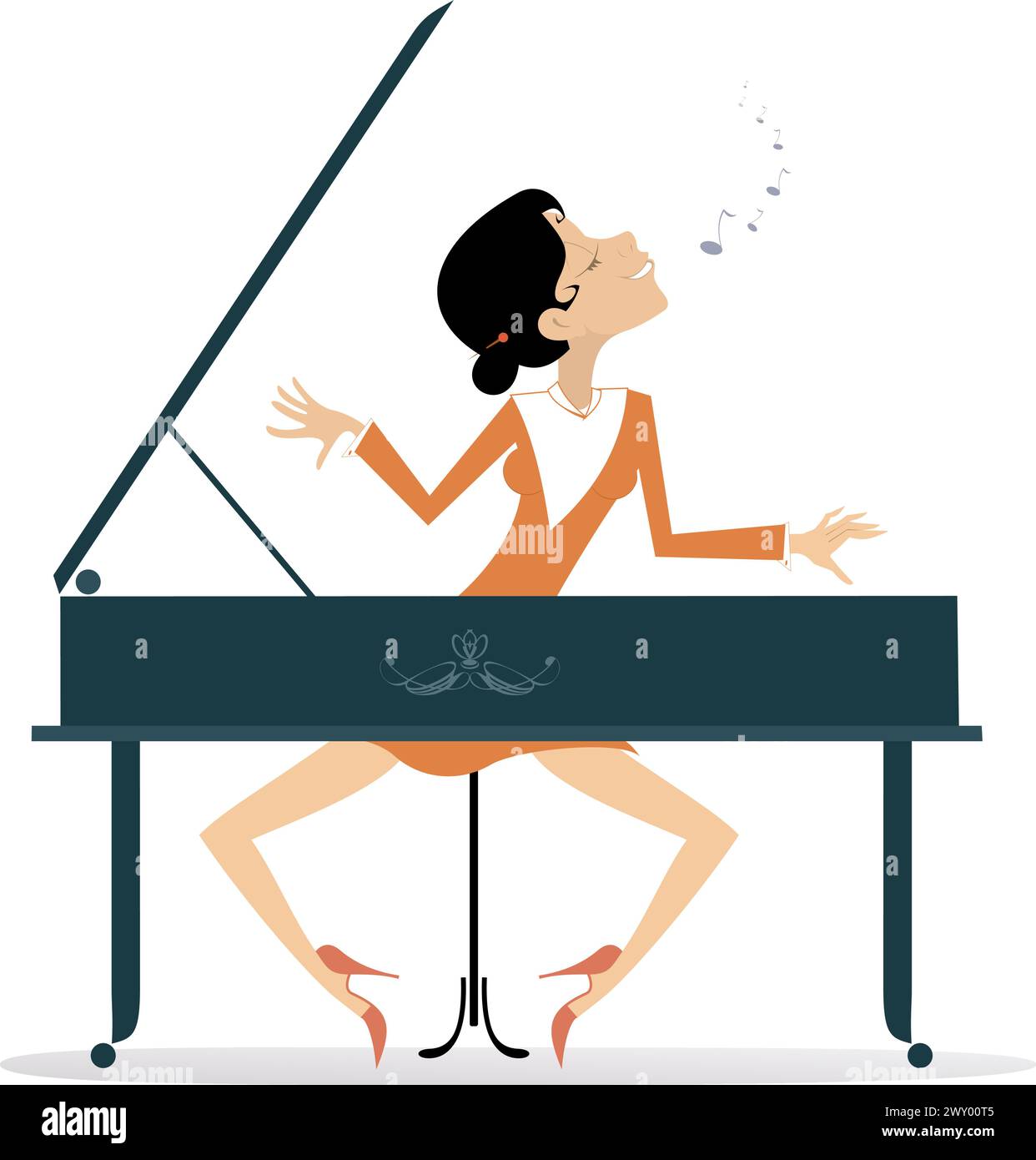 Expressive pianist woman playing piano and singing with great inspiration Stock Vector