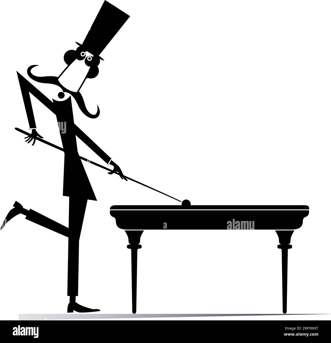 Man in the top hat playing billiards at club. Cute long mustache man in