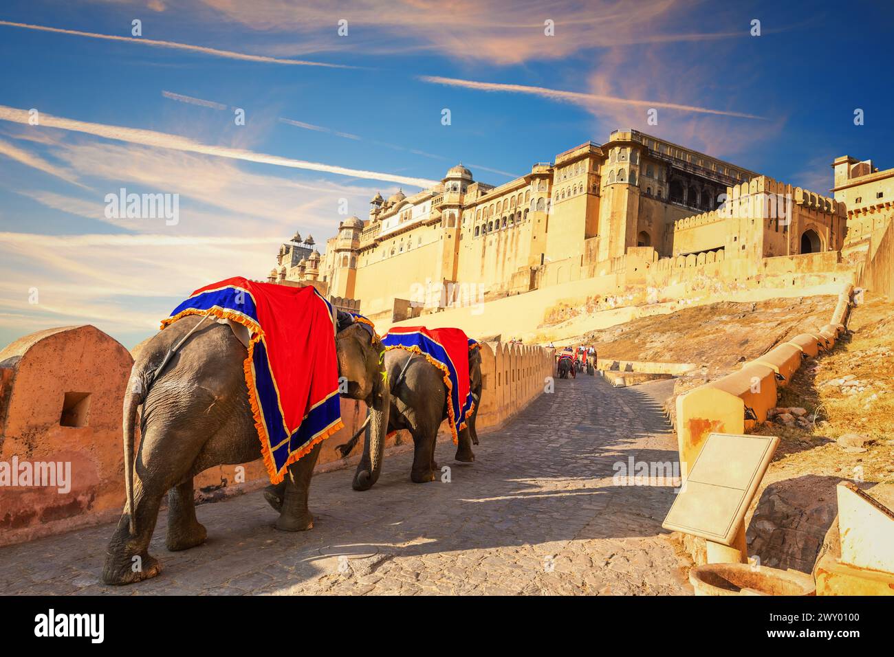 Indian elephant riders in Amber Fort, famous tourist attraction, Jaipur ...