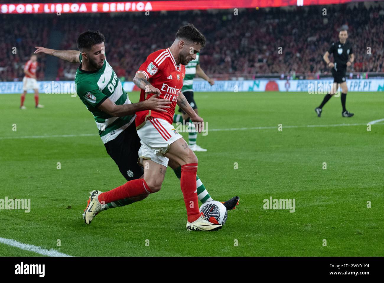 April 02, 2024. Lisbon, Portugal. Sporting's defender from Portugal Goncalo Inacio (25) and Benfica's forward from Portugal Rafa Silva (27) in action during the 2nd Leg of the Semi Finals of the Portuguese Cup: Benfica vs Sporting Credit: Alexandre de Sousa/Alamy Live News Stock Photo