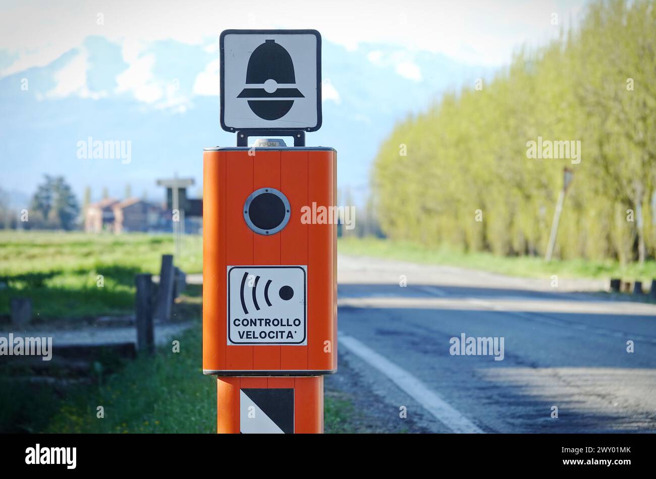 Traffic Enforcement Camera with TEXT that means electronic speed control in italian language and symbol of police Stock Photo