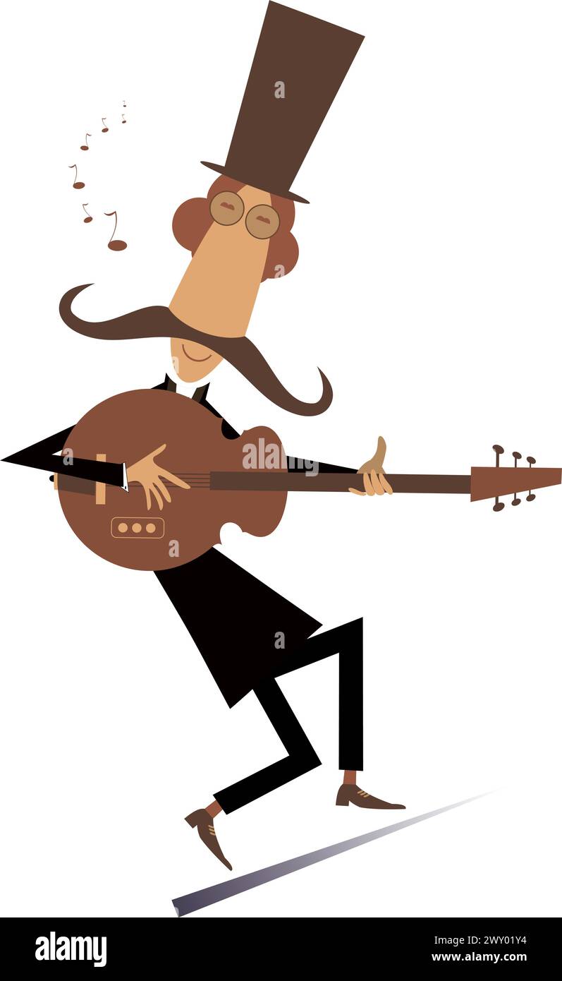 Long mustache man in the top hat playing guitar and singing. Isolated