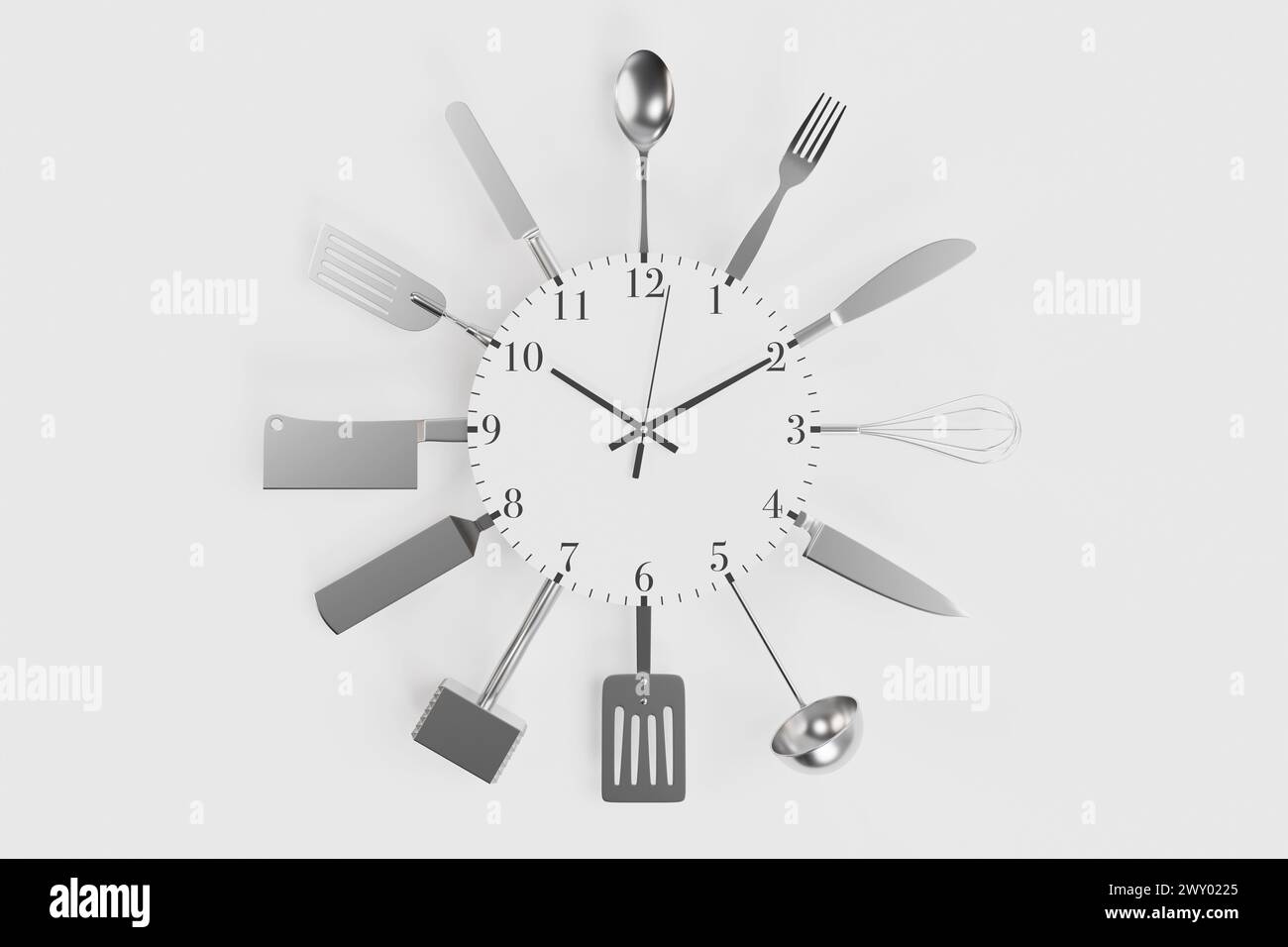 Different types of kitchenware and tableware round the clock on white background. Concept of