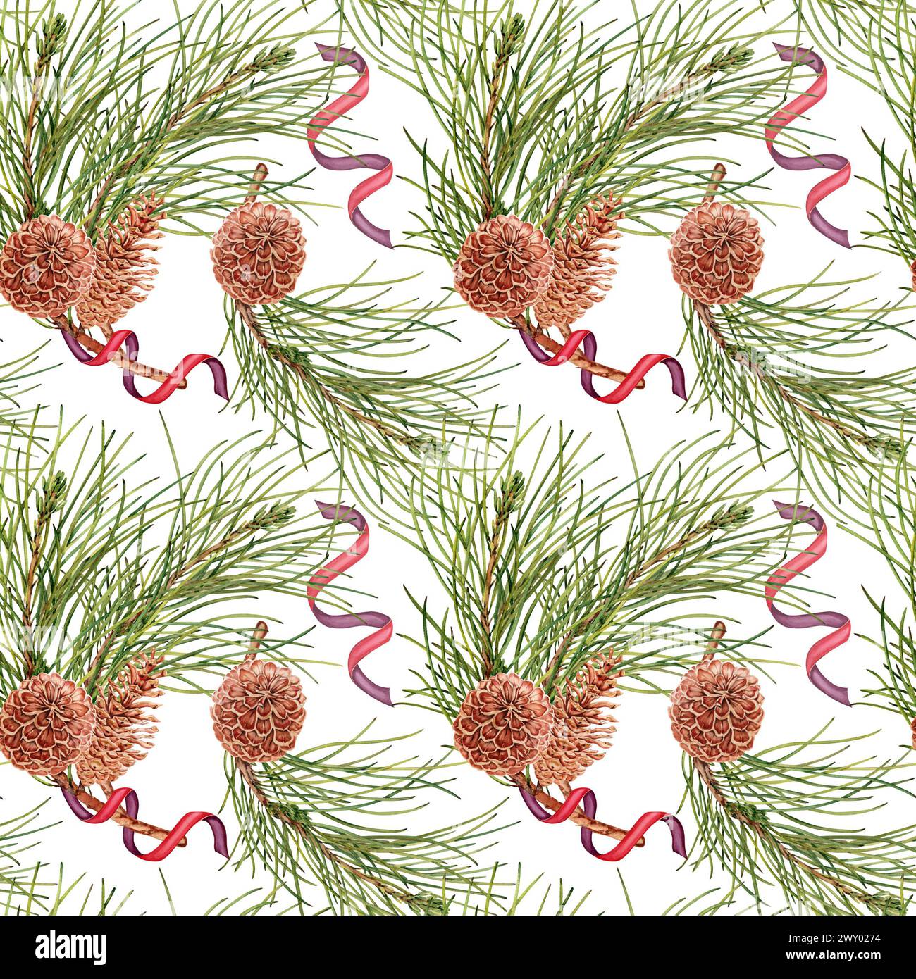 Pine cones on pine tree branches decorated with ribbons. Seamless pattern watercolor illustration on white background. Christmas repeatable background Stock Photo